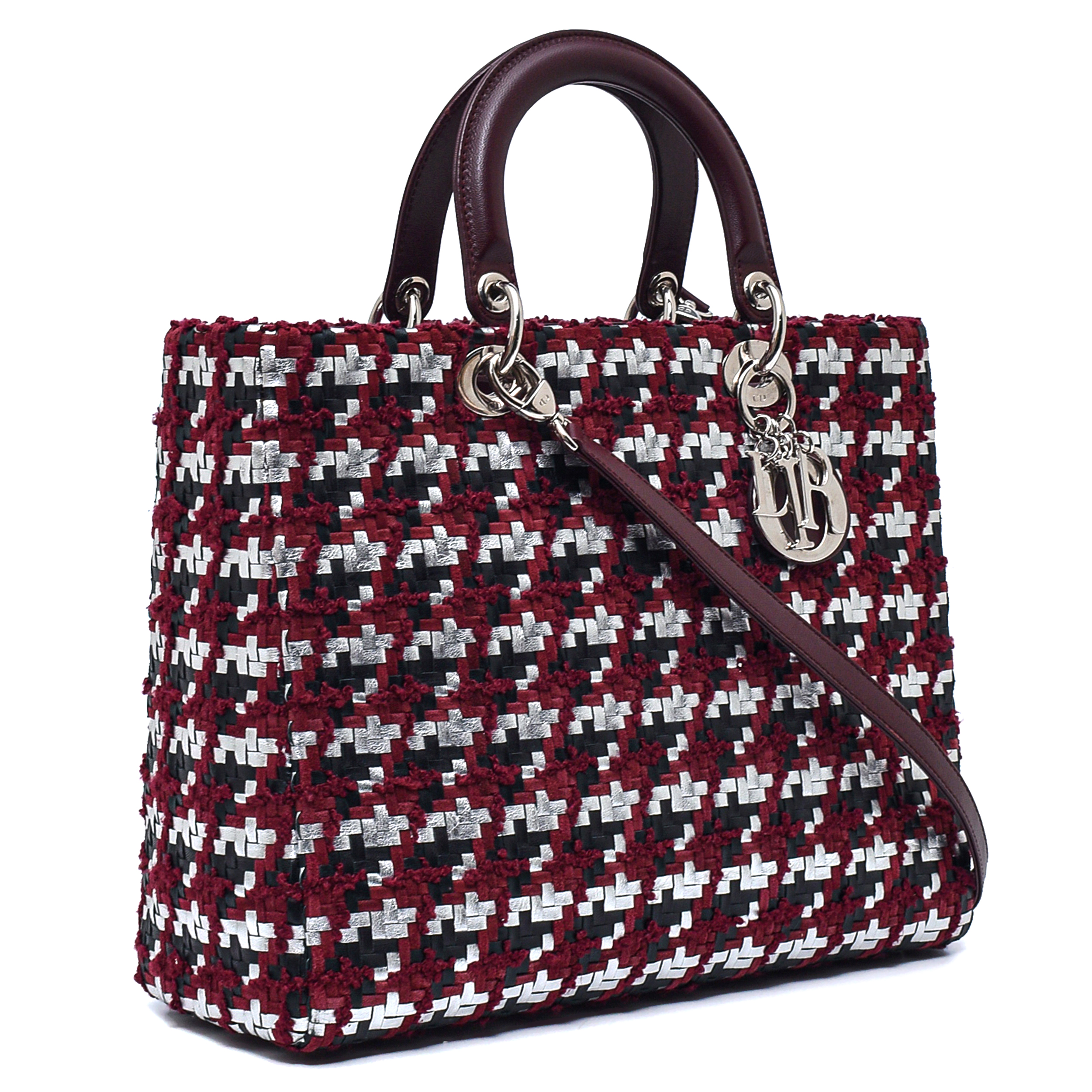 Christian Dior - Burgundy Tweed&Nappa Woven Leather Large Lady Dior Bag